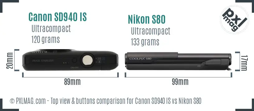 Canon SD940 IS vs Nikon S80 top view buttons comparison