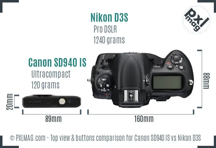 Canon SD940 IS vs Nikon D3S top view buttons comparison