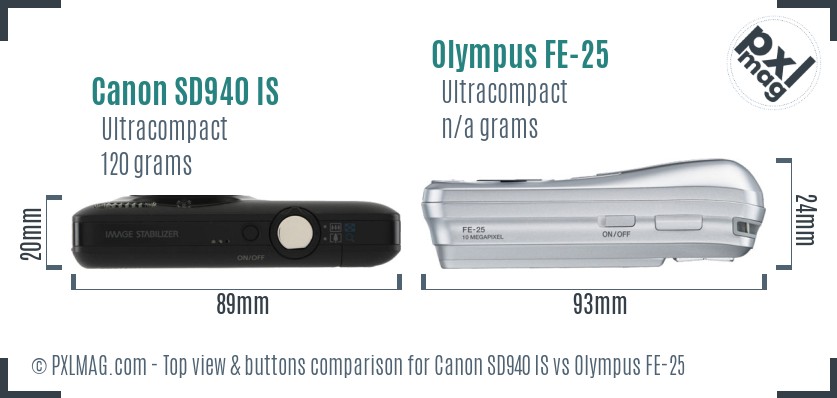 Canon SD940 IS vs Olympus FE-25 top view buttons comparison