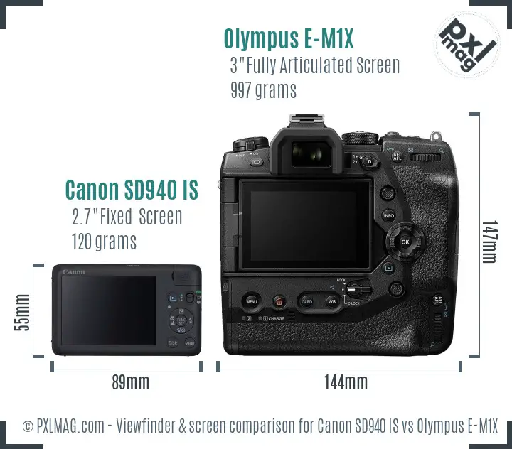 Canon SD940 IS vs Olympus E-M1X Screen and Viewfinder comparison