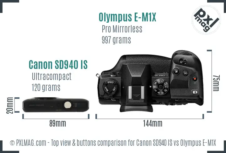 Canon SD940 IS vs Olympus E-M1X top view buttons comparison