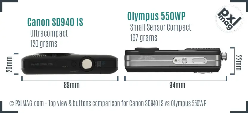 Canon SD940 IS vs Olympus 550WP top view buttons comparison