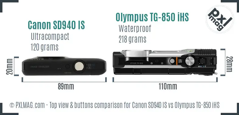 Canon SD940 IS vs Olympus TG-850 iHS top view buttons comparison