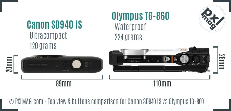 Canon SD940 IS vs Olympus TG-860 top view buttons comparison