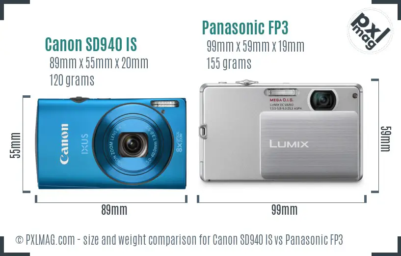 Canon SD940 IS vs Panasonic FP3 size comparison