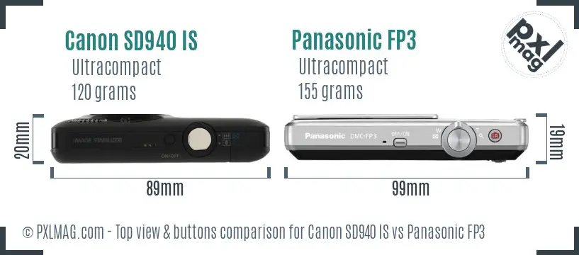 Canon SD940 IS vs Panasonic FP3 top view buttons comparison