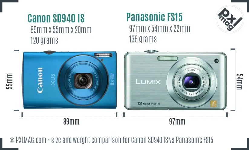 Canon SD940 IS vs Panasonic FS15 size comparison