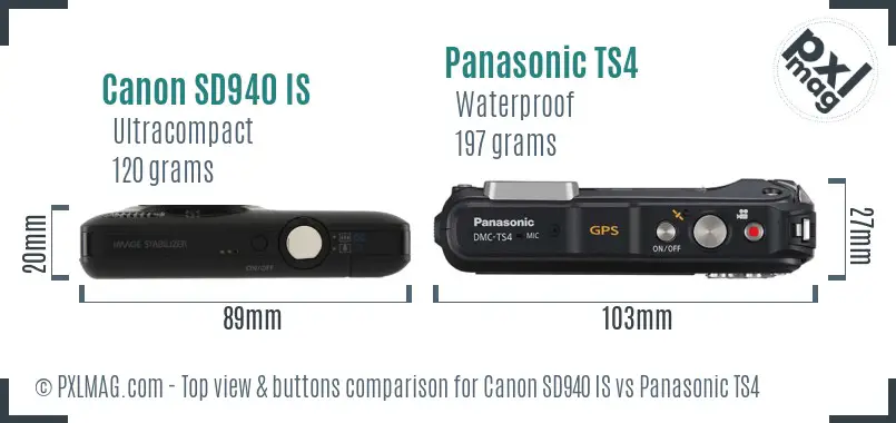Canon SD940 IS vs Panasonic TS4 top view buttons comparison