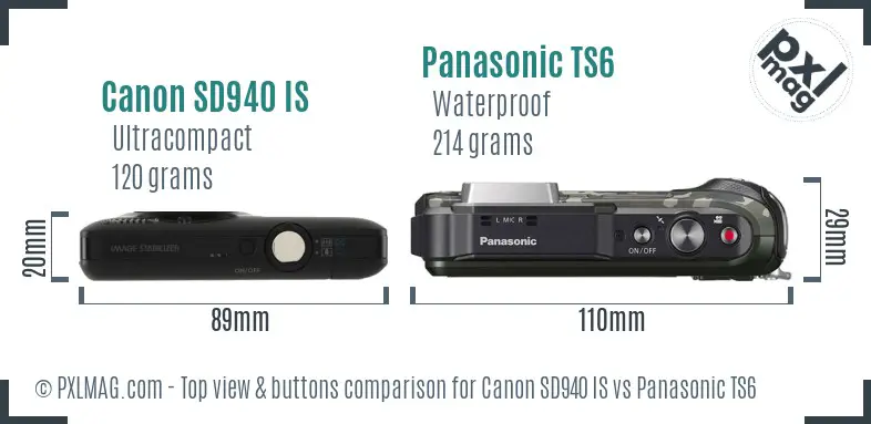 Canon SD940 IS vs Panasonic TS6 top view buttons comparison