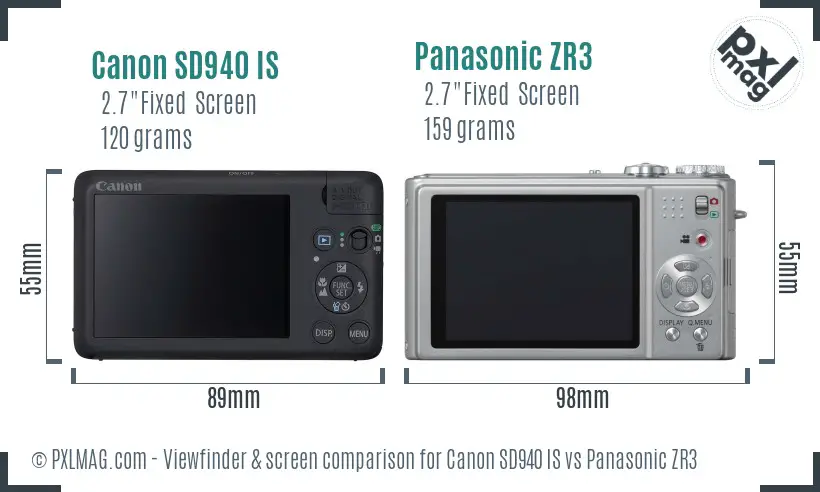 Canon SD940 IS vs Panasonic ZR3 Screen and Viewfinder comparison