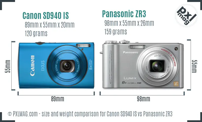 Canon SD940 IS vs Panasonic ZR3 size comparison
