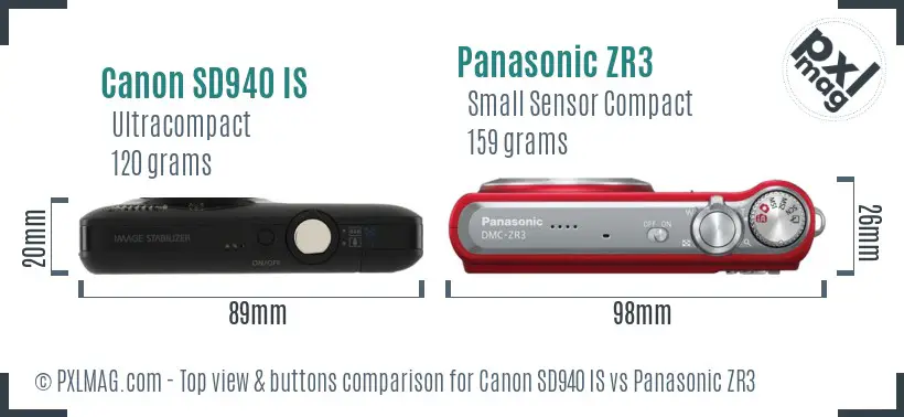 Canon SD940 IS vs Panasonic ZR3 top view buttons comparison