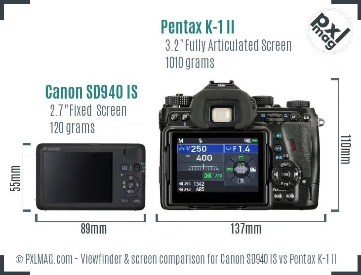 Canon SD940 IS vs Pentax K-1 II Screen and Viewfinder comparison