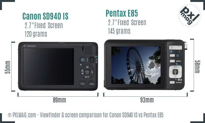 Canon SD940 IS vs Pentax E85 Screen and Viewfinder comparison