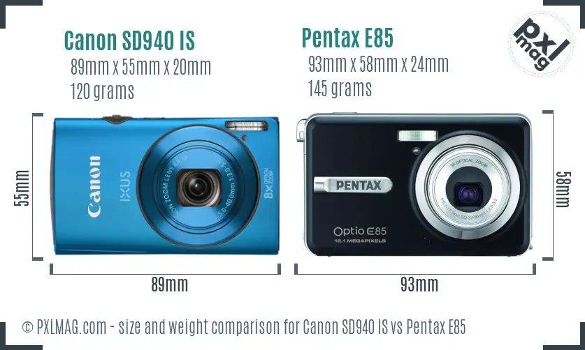 Canon SD940 IS vs Pentax E85 size comparison