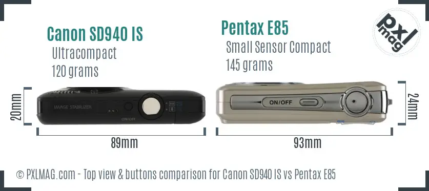 Canon SD940 IS vs Pentax E85 top view buttons comparison