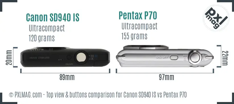 Canon SD940 IS vs Pentax P70 top view buttons comparison Canon SD940 IS vs Pentax P70 top view buttons comparison