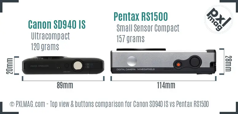 Canon SD940 IS vs Pentax RS1500 top view buttons comparison