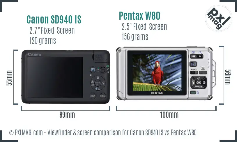 Canon SD940 IS vs Pentax W80 Screen and Viewfinder comparison