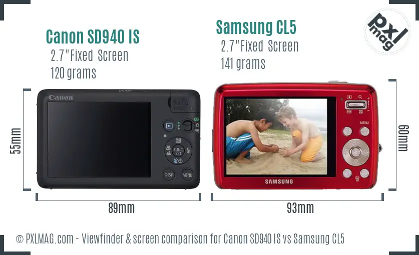 Canon SD940 IS vs Samsung CL5 Screen and Viewfinder comparison