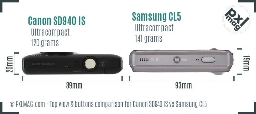 Canon SD940 IS vs Samsung CL5 top view buttons comparison