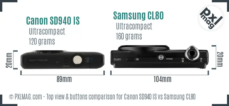 Canon SD940 IS vs Samsung CL80 top view buttons comparison