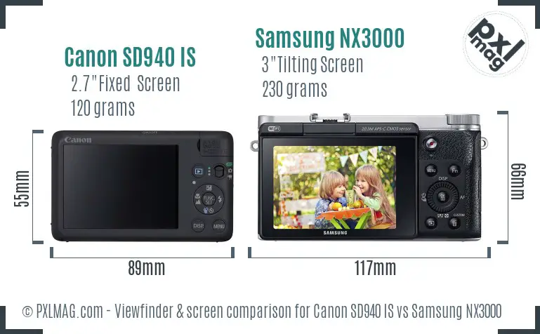 Canon SD940 IS vs Samsung NX3000 Screen and Viewfinder comparison