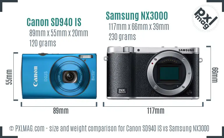 Canon SD940 IS vs Samsung NX3000 size comparison