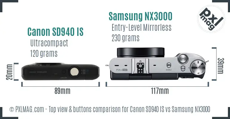 Canon SD940 IS vs Samsung NX3000 top view buttons comparison