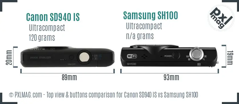 Canon SD940 IS vs Samsung SH100 top view buttons comparison