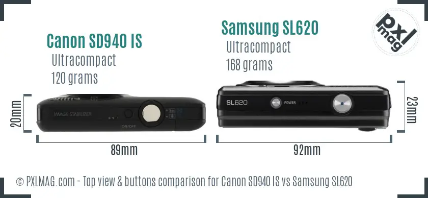 Canon SD940 IS vs Samsung SL620 top view buttons comparison