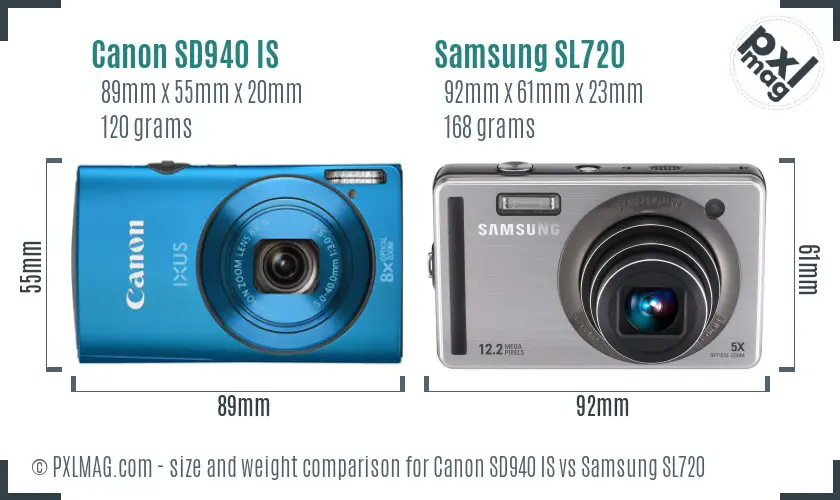 Canon SD940 IS vs Samsung SL720 size comparison