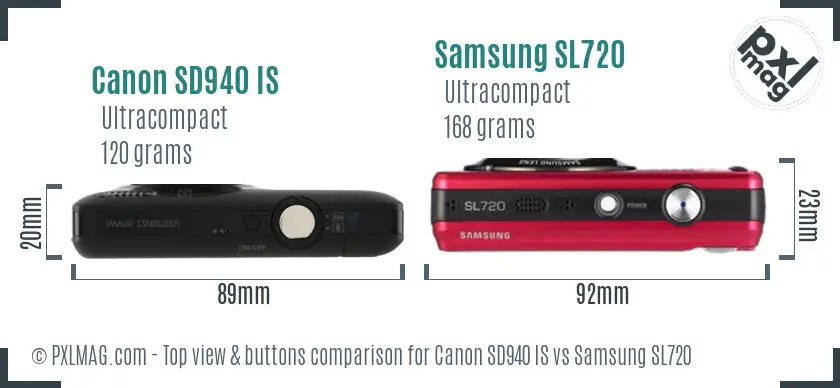 Canon SD940 IS vs Samsung SL720 top view buttons comparison