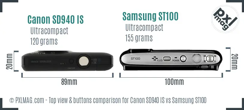 Canon SD940 IS vs Samsung ST100 top view buttons comparison