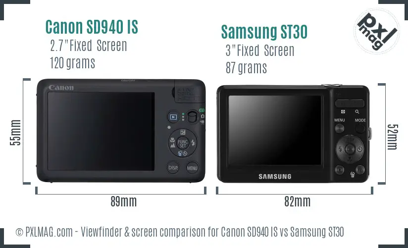 Canon SD940 IS vs Samsung ST30 Screen and Viewfinder comparison