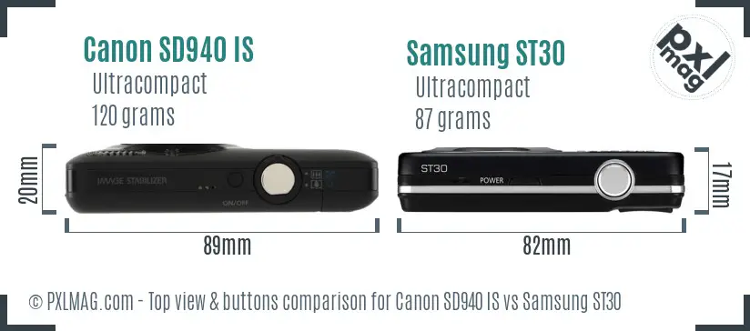 Canon SD940 IS vs Samsung ST30 top view buttons comparison