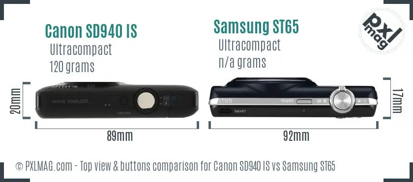 Canon SD940 IS vs Samsung ST65 top view buttons comparison