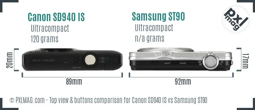 Canon SD940 IS vs Samsung ST90 top view buttons comparison