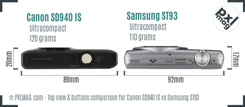 Canon SD940 IS vs Samsung ST93 top view buttons comparison