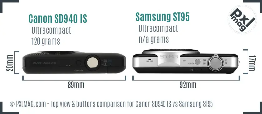 Canon SD940 IS vs Samsung ST95 top view buttons comparison