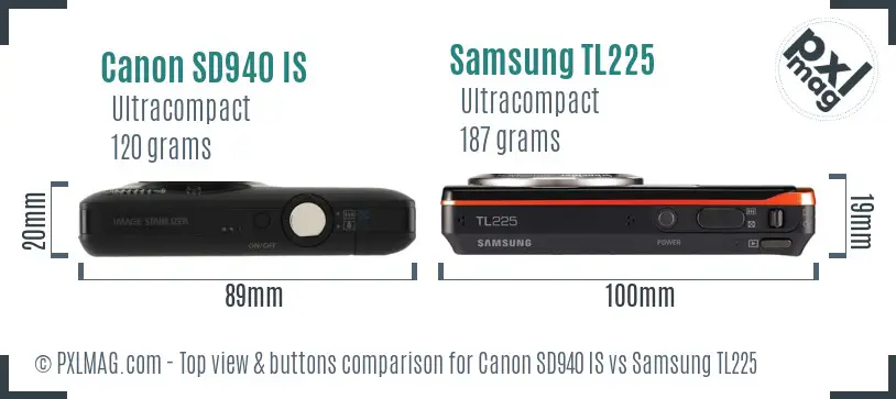 Canon SD940 IS vs Samsung TL225 top view buttons comparison