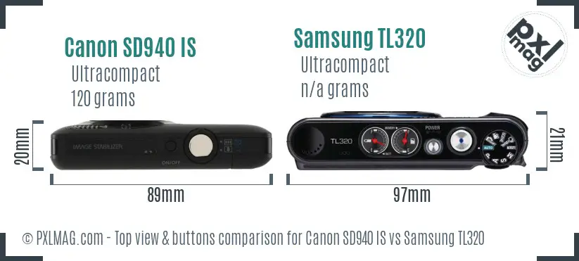 Canon SD940 IS vs Samsung TL320 top view buttons comparison