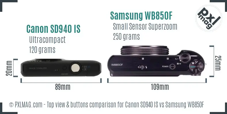 Canon SD940 IS vs Samsung WB850F top view buttons comparison