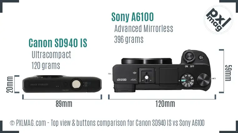 Canon SD940 IS vs Sony A6100 top view buttons comparison