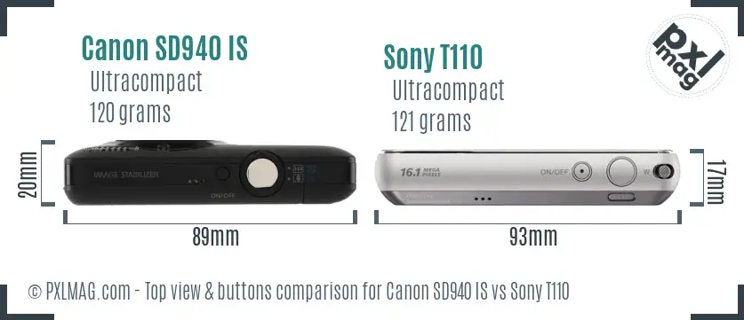 Canon SD940 IS vs Sony T110 top view buttons comparison