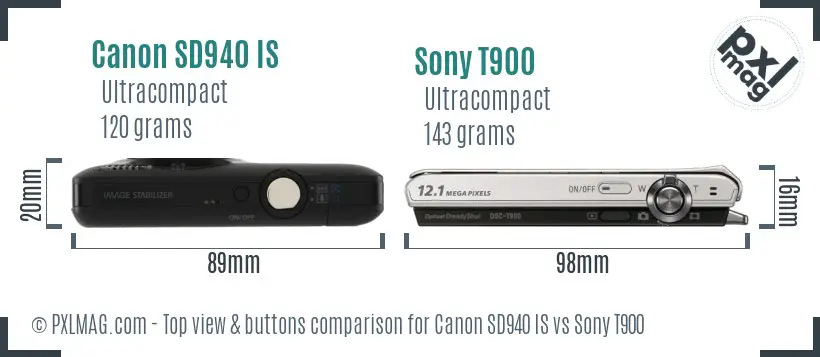 Canon SD940 IS vs Sony T900 top view buttons comparison