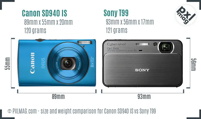 Canon SD940 IS vs Sony T99 size comparison