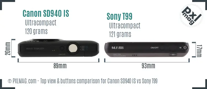 Canon SD940 IS vs Sony T99 top view buttons comparison