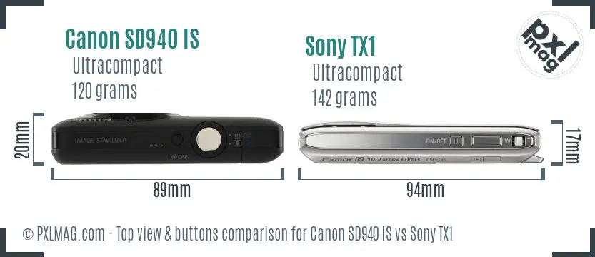 Canon SD940 IS vs Sony TX1 top view buttons comparison