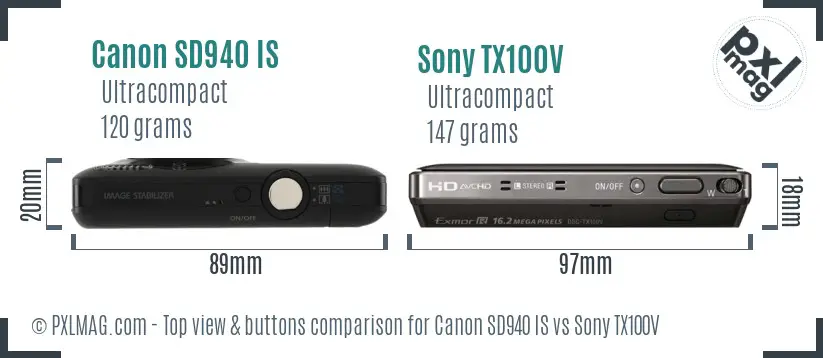 Canon SD940 IS vs Sony TX100V top view buttons comparison